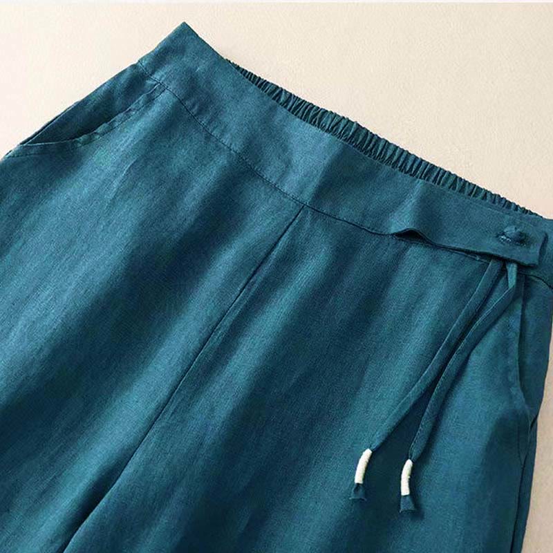 Pantaloni larghi da donna in cotone e lino con tasche, tinta unita, casual, con un bottone , Buddha Stones - image 29