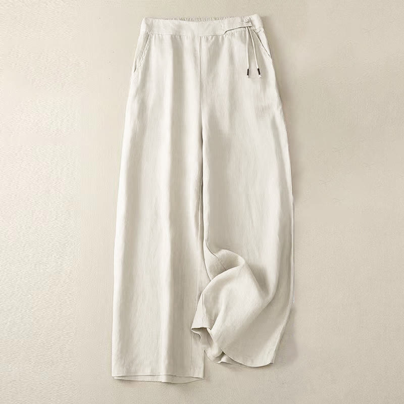 Pantaloni larghi da donna in cotone e lino con tasche, tinta unita, casual, con un bottone , Buddha Stones - Beige - US12, UK/AU16, EU44 (3XL) - image 13