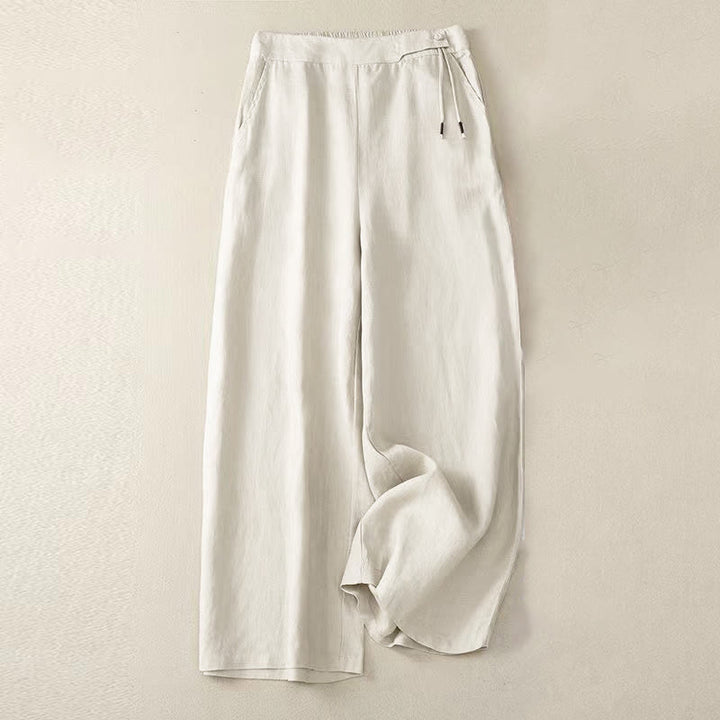 Pantaloni larghi da donna in cotone e lino con tasche, tinta unita, casual, con un bottone , Buddha Stones - Beige - US12, UK/AU16, EU44 (3XL) - image 13