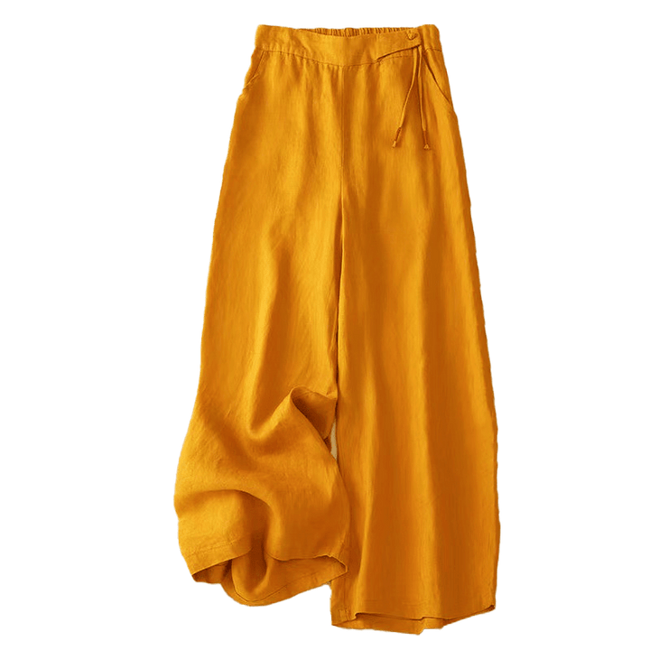 Pantaloni larghi da donna in cotone e lino con tasche, tinta unita, casual, con un bottone , Buddha Stones - image 3
