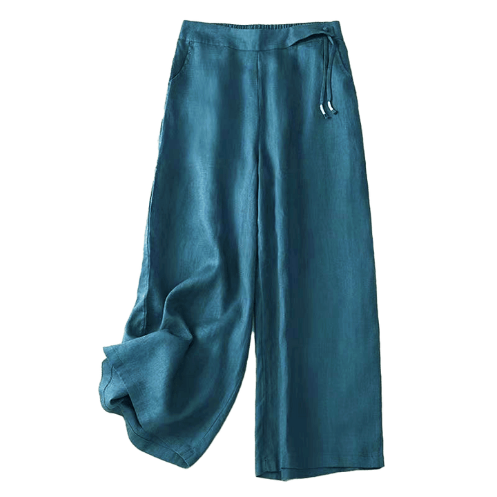 Pantaloni larghi da donna in cotone e lino con tasche, tinta unita, casual, con un bottone , Buddha Stones - image 31