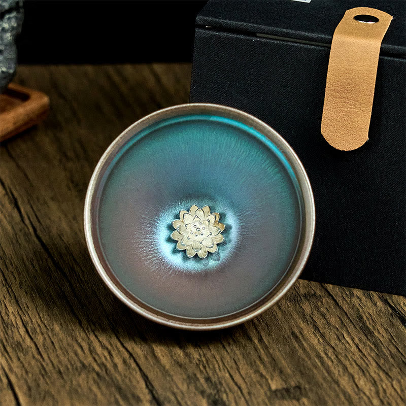 Tazza da tè in ceramica blu e viola con fiore di loto cinese Jianzhan fatto a mano, motivo: Buddha Stones, tazza da tè Kung Fu da 150 ml - image 2