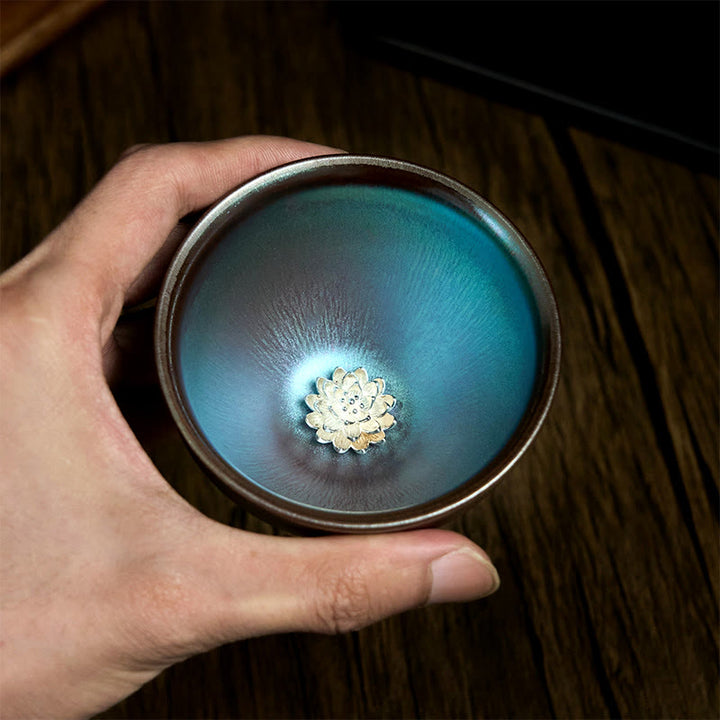 Tazza da tè in ceramica blu e viola con fiore di loto cinese Jianzhan fatto a mano, motivo: Buddha Stones, tazza da tè Kung Fu da 150 ml - image 4