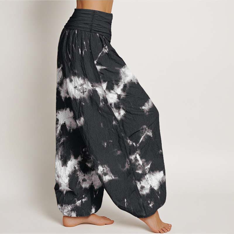 Pantaloni harem da donna con elastico in vita, in puro cotone, con linee bianche e pois, motivo tie-dye, Buddha Stones - image 1