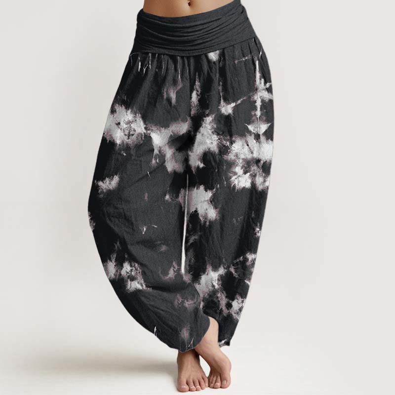 Pantaloni harem da donna con elastico in vita, in puro cotone, con linee bianche e pois, motivo tie-dye, Buddha Stones - Nero - US22, UK/AU26, EU54 (6XL) - image 1