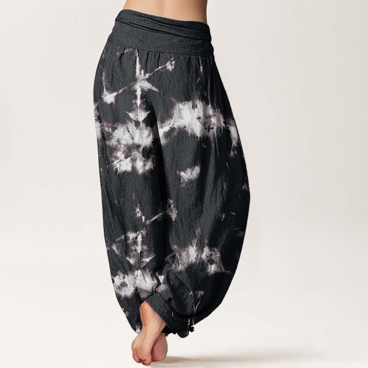 Pantaloni harem da donna con elastico in vita, in puro cotone, con linee bianche e pois, motivo tie-dye, Buddha Stones - image 3