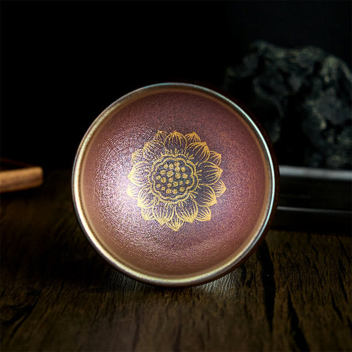 Tazza da tè in ceramica con fiore di loto dorato, realizzata a mano in Cina, Jianzhan, motivo: Buddha Stones, tazza da tè Kung Fu, 150 ml - 9 cm*150 ml - image 1