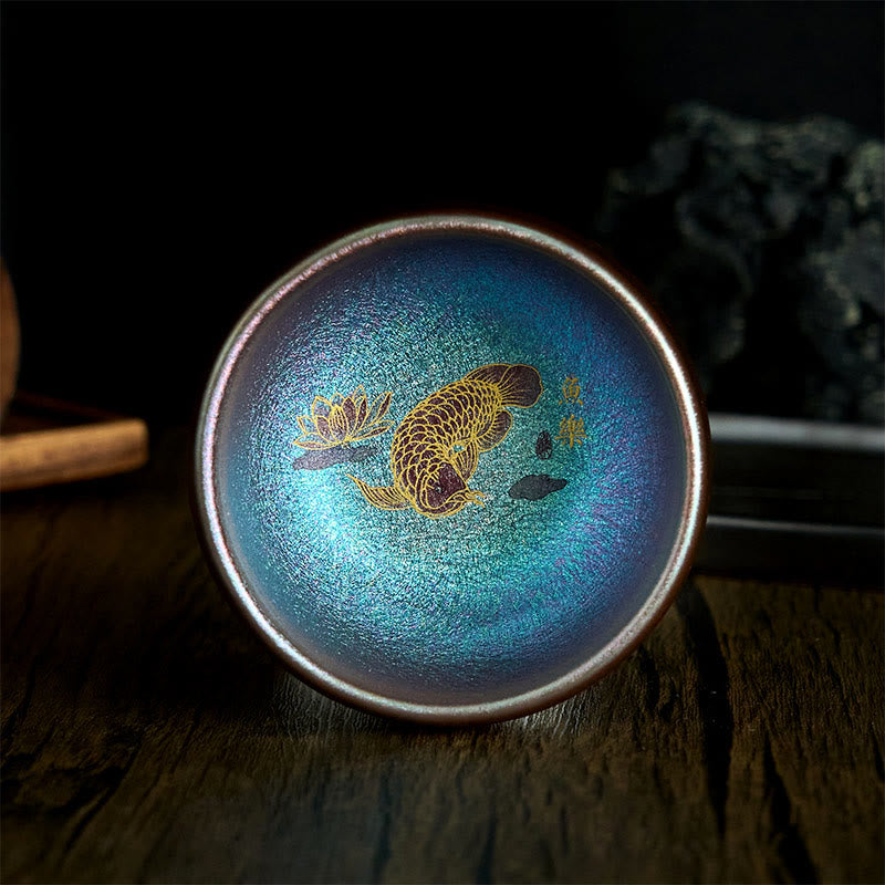 Tazza da tè in ceramica con foglia di loto, realizzata a mano in Cina, Jianzhan Koi Buddha Stones Stones, Kung Fu Tea Cup, 150 ml - Pesce Koi blu oro 8,8 cm * 5,5 cm * 150 ml - Senza confezione regalo - image 11