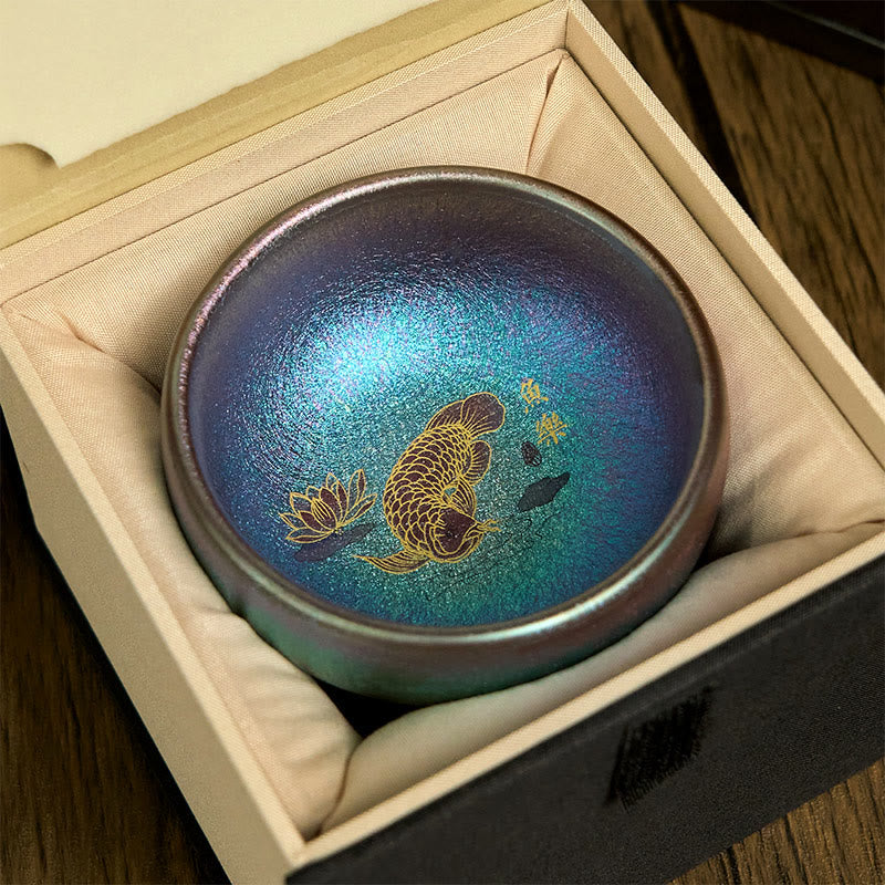 Tazza da tè in ceramica con foglia di loto, realizzata a mano in Cina, Jianzhan Koi Buddha Stones Stones, Kung Fu Tea Cup, 150 ml - Pesce Koi blu oro 8,8 cm * 5,5 cm * 150 ml - Scatola regalo - image 15