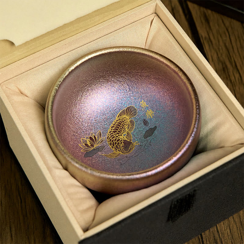 Tazza da tè in ceramica con foglia di loto, realizzata a mano in Cina, Jianzhan Koi Buddha Stones Stones, Kung Fu Tea Cup, 150 ml - Pesce Koi viola oro 8,8 cm * 5,5 cm * 150 ml - Scatola regalo - image 24