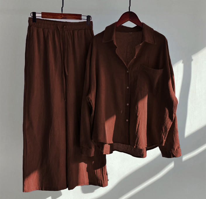 Buddha Stones 2 pezzi camicia a maniche lunghe con tasche pantaloni con coulisse meditazione cotone lino abbigliamento da donna set - FireBrick - US20, UK/AU24, EU52 (5XL) - image 36