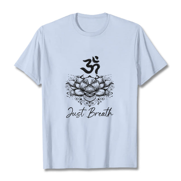 Maglietta casual in cotone con motivo a fiori di loto e simbolo Om di Buddha Stones - Ciano chiaro - 2XL - image 19