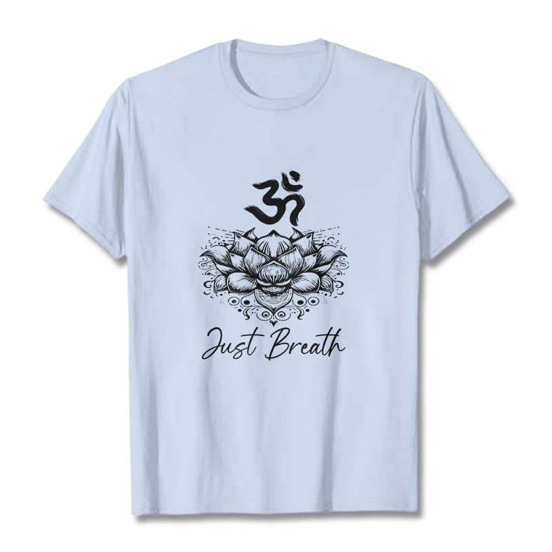 Maglietta casual in cotone con motivo a fiori di loto e simbolo Om di Buddha Stones - Ciano chiaro - 2XL - image 18