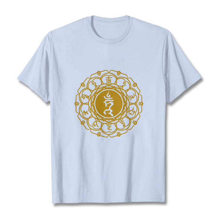 Maglietta casual in cotone con motivo Vishuddha e simbolo Buddha Stones Hum - Ciano chiaro - 2XL - image 19