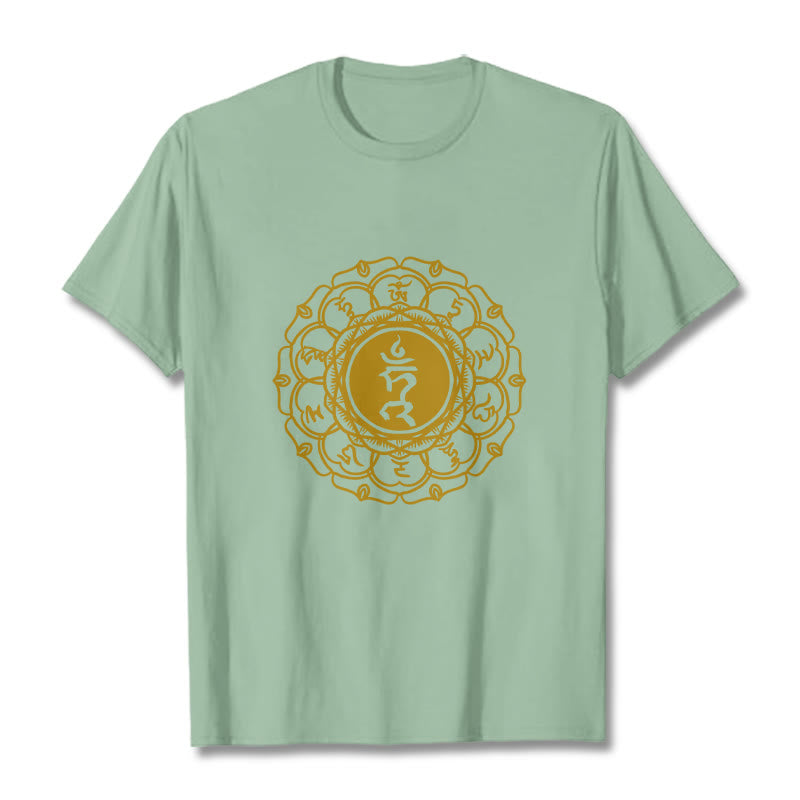 Maglietta casual in cotone con motivo Vishuddha e simbolo Buddha Stones Hum - Verde pallido - 2XL - image 15