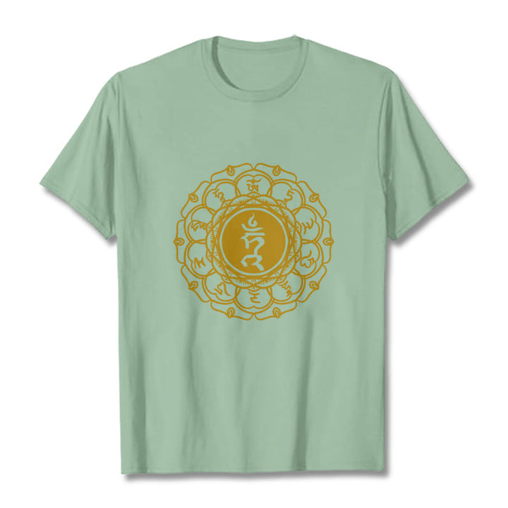 Maglietta casual in cotone con motivo Vishuddha e simbolo Buddha Stones Hum - Verde pallido - 2XL - image 15