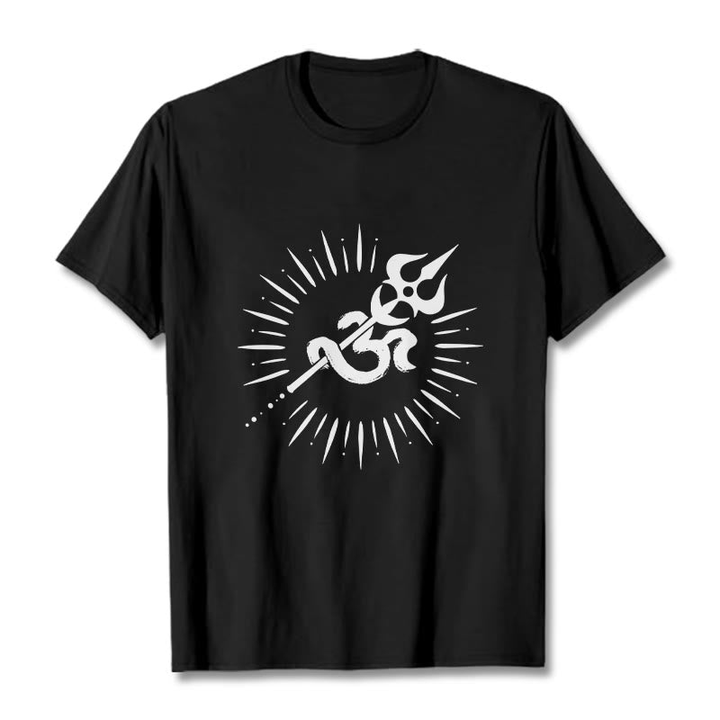 Maglietta casual in cotone con motivo a linee radianti e simbolo Om con Buddha Stones - Nero - 2XL - image 1