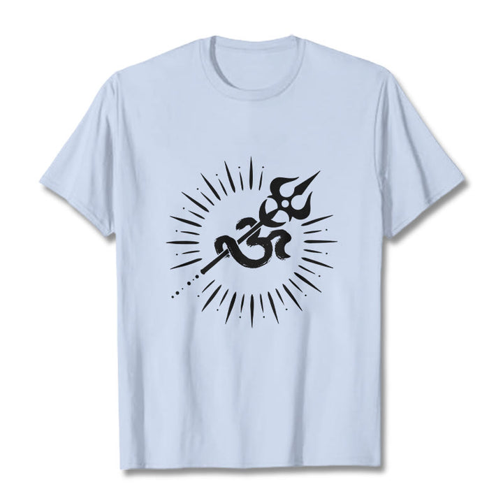 Maglietta casual in cotone con motivo a linee radianti e simbolo Om con Buddha Stones - Ciano chiaro - 2XL - image 19