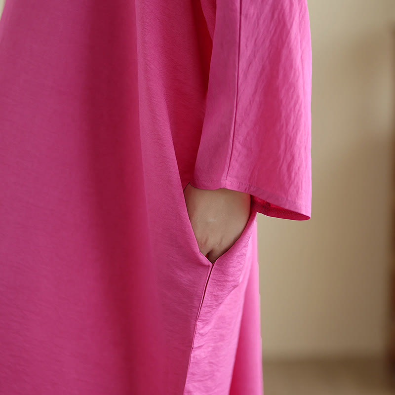 Abito lungo in cotone e lino con maniche lunghe, stile retrò casual, tinta unita, con tasche, Buddha Stones - image 29