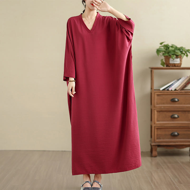 Abito lungo in cotone e lino a maniche lunghe, stile retrò casual con motivo Buddha Stones e tasche, tinta unita. - Cremisi - US4, UK/AU8, EU36-46(F) - image 30