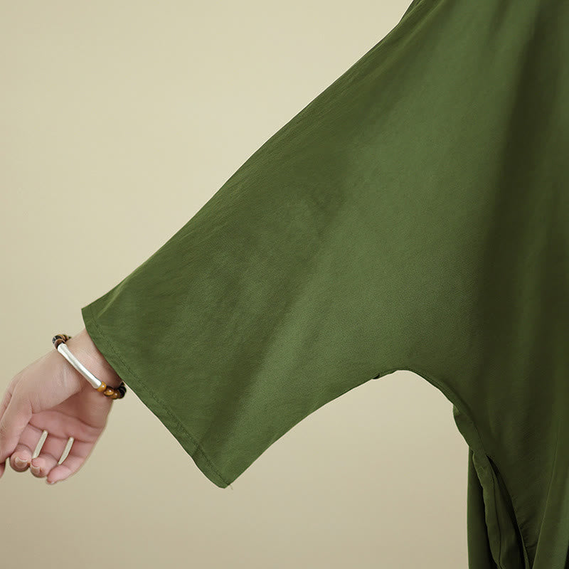 Abito lungo in cotone e lino con maniche lunghe, stile retrò casual, tinta unita, con tasche, Buddha Stones - image 10