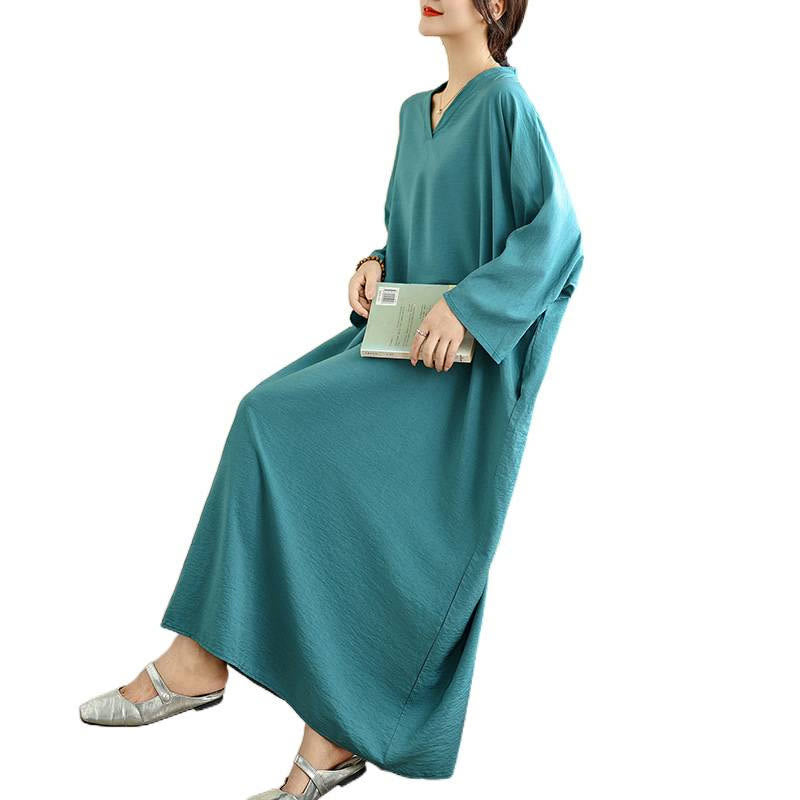 Abito lungo in cotone e lino a maniche lunghe, stile retrò casual con motivo Buddha Stones e tasche, tinta unita. - image 24