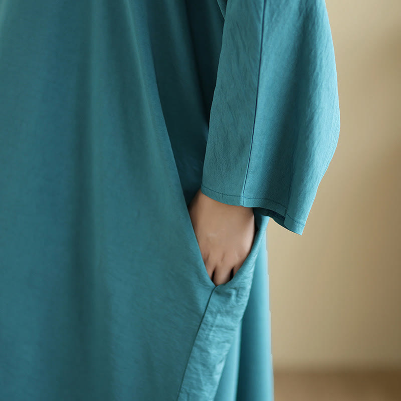 Abito lungo in cotone e lino con maniche lunghe, stile retrò casual, tinta unita, con tasche, Buddha Stones - image 22