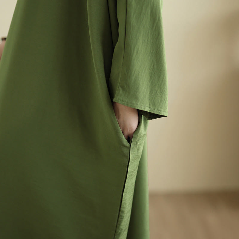 Abito lungo in cotone e lino con maniche lunghe, stile retrò casual, tinta unita, con tasche, Buddha Stones - image 9