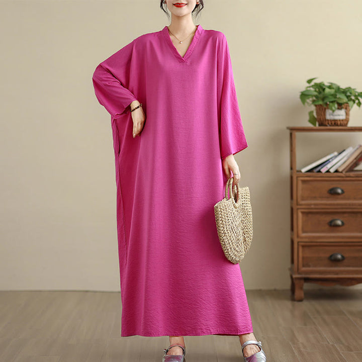 Abito lungo in cotone e lino a maniche lunghe, stile retrò casual con motivo Buddha Stones e tasche, tinta unita. - Rosa intenso - US4, UK/AU8, EU36-46(F) - image 25