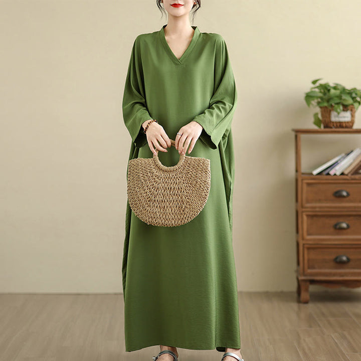 Abito lungo in cotone e lino a maniche lunghe, stile retrò casual con motivo Buddha Stones e tasche, tinta unita. - Verde oliva - US4, UK/AU8, EU36-46(F) - image 0