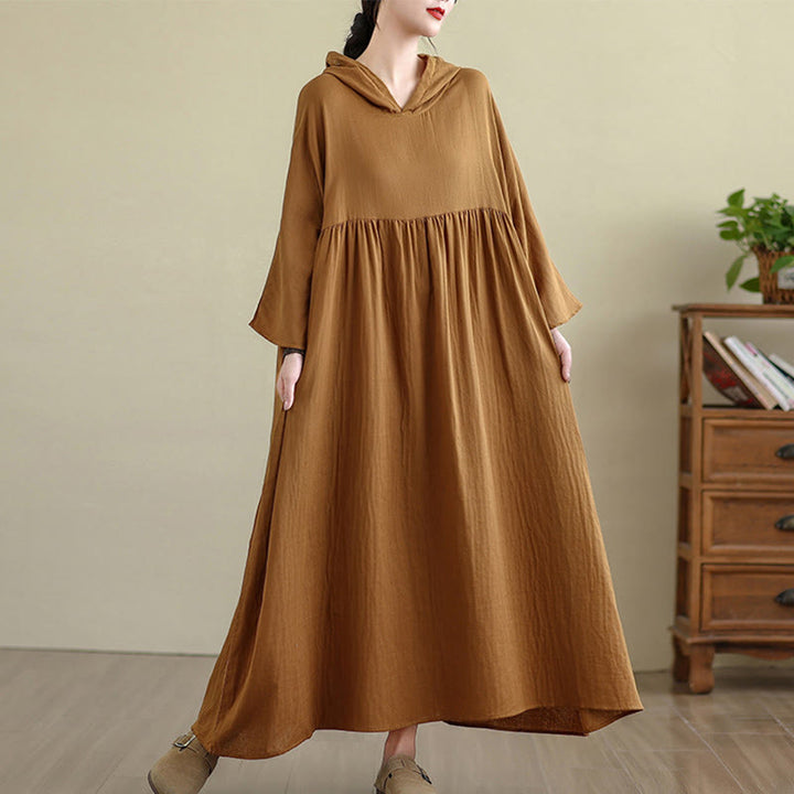 Abito midi in cotone e lino a maniche lunghe con tasche e cappuccio autunnale Buddha Stones - DarkGoldenrod - US4-8/10， UK/AU8-12/14，EU36-40/42(F) - image 1