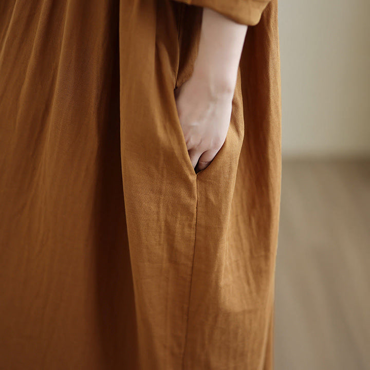 Abito midi in cotone e lino a maniche lunghe con tasche e cappuccio autunnale Buddha Stones - image 9