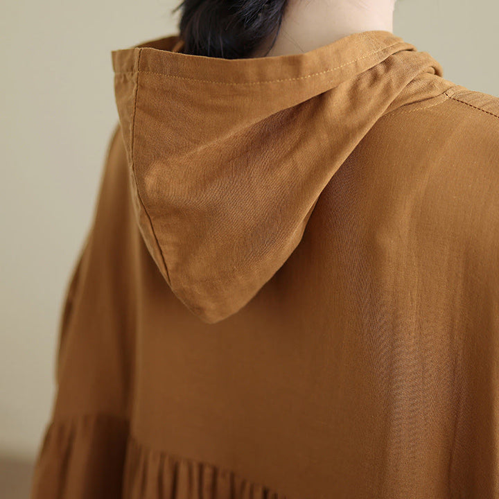 Abito midi in cotone e lino a maniche lunghe con tasche e cappuccio autunnale Buddha Stones - image 7