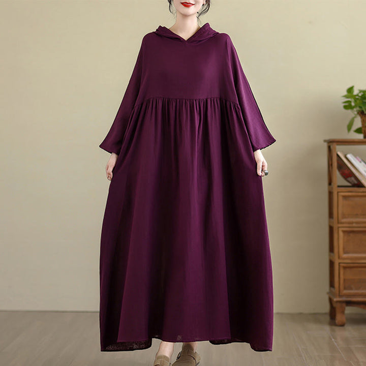 Abito midi in cotone e lino a maniche lunghe con tasche e cappuccio autunnale Buddha Stones - Magenta scuro - US4-8/10， UK/AU8-12/14，EU36-40/42(F) - image 18