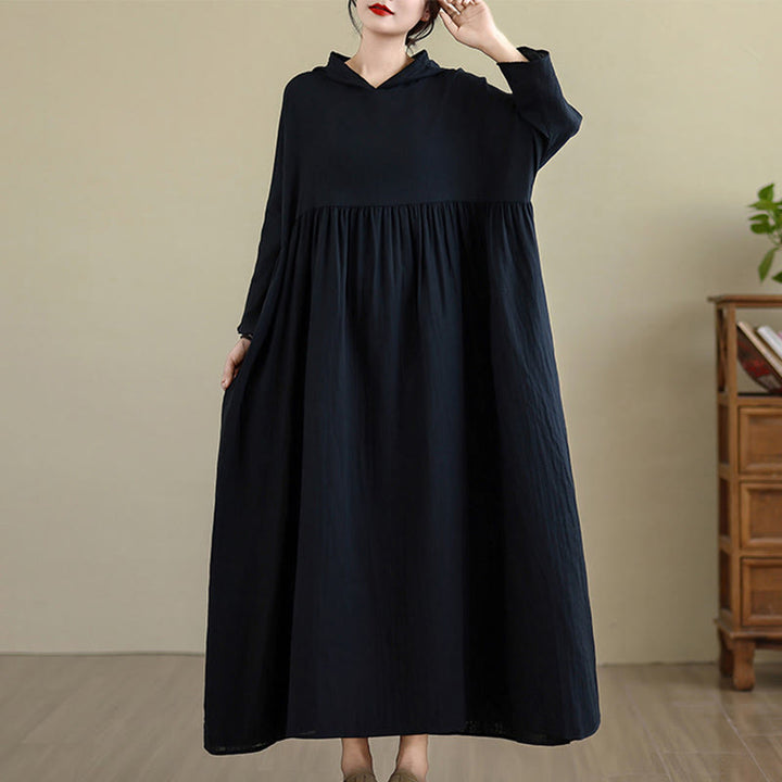 Abito midi in cotone e lino a maniche lunghe con tasche e cappuccio autunnale Buddha Stones - Nero - US4-8/10， UK/AU8-12/14，EU36-40/42(F) - image 12