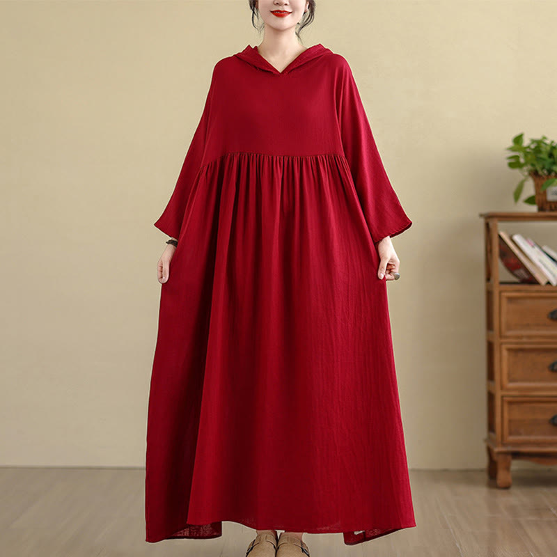 Abito midi in cotone e lino a maniche lunghe con tasche e cappuccio autunnale Buddha Stones - Rosso - US4-8/10， UK/AU8-12/14，EU36-40/42(F) - image 15