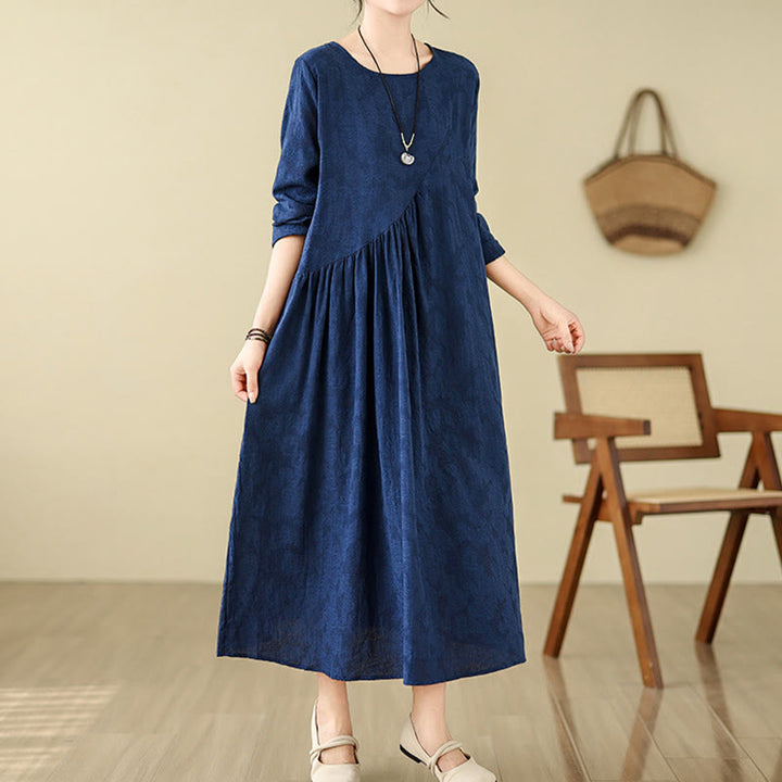 Abito midi in cotone e lino con maniche lunghe e tasche, motivo floreale jacquard irregolare Buddha Stones - Blu notte - US8-10, UK/AU12-14, EU40-42 (2XL) - image 0