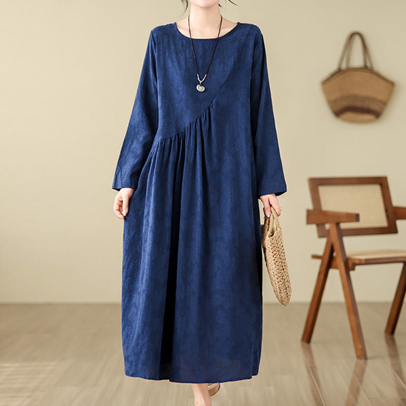 Abito midi in cotone e lino con maniche lunghe e tasche, motivo floreale jacquard irregolare Buddha Stones - image 2