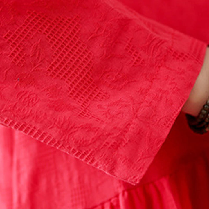 Abito midi in cotone e lino con maniche lunghe e tasche, motivo floreale jacquard irregolare Buddha Stones - image 14