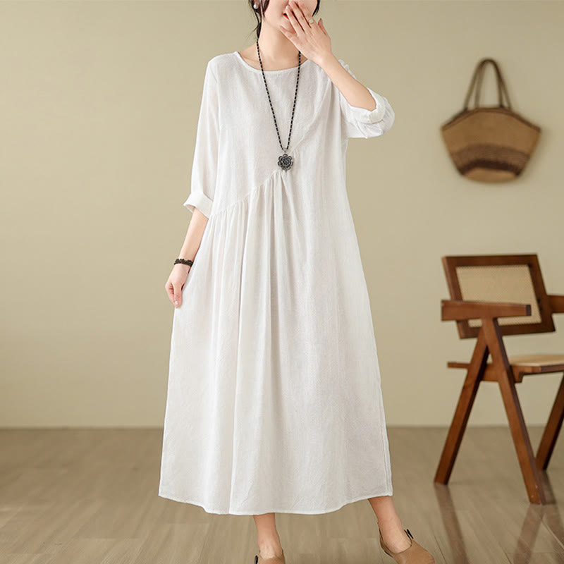 Abito midi in cotone e lino con maniche lunghe e tasche, motivo floreale jacquard irregolare Buddha Stones - Bianco - US8-10, UK/AU12-14, EU40-42 (2XL) - image 17