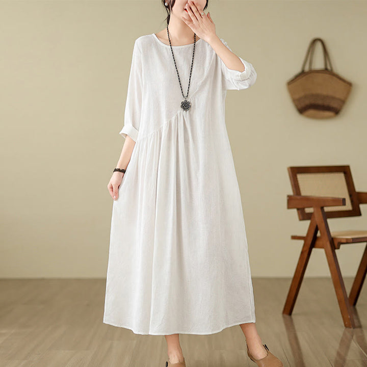 Abito midi in cotone e lino con maniche lunghe e tasche, motivo floreale jacquard irregolare Buddha Stones - Bianco - US8-10, UK/AU12-14, EU40-42 (2XL) - image 17
