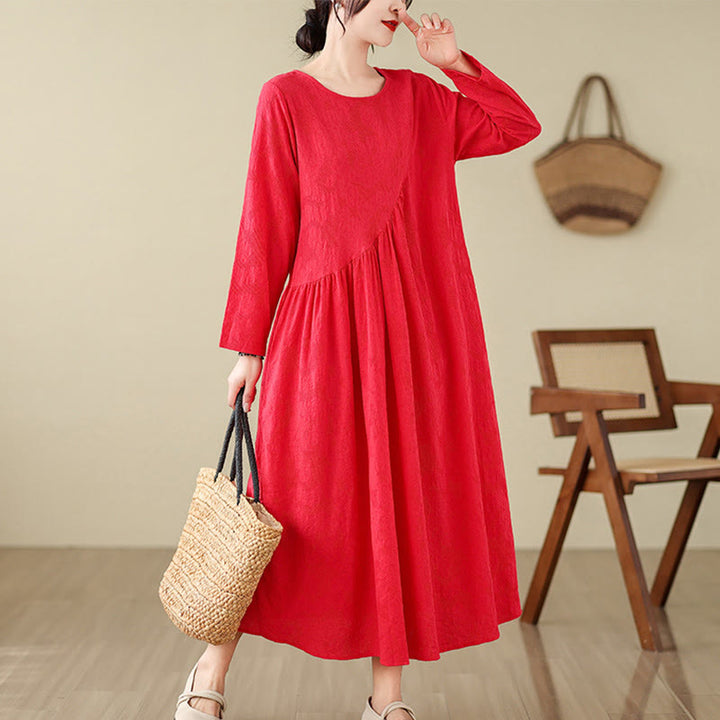 Abito midi in cotone e lino con maniche lunghe e tasche, motivo floreale jacquard irregolare Buddha Stones - Rosso - US8-10, UK/AU12-14, EU40-42 (2XL) - image 7