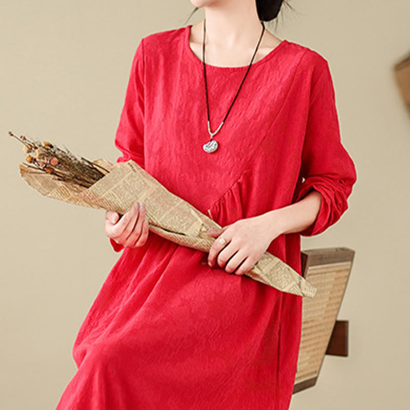 Abito midi in cotone e lino con maniche lunghe e tasche, motivo floreale jacquard irregolare Buddha Stones - image 9