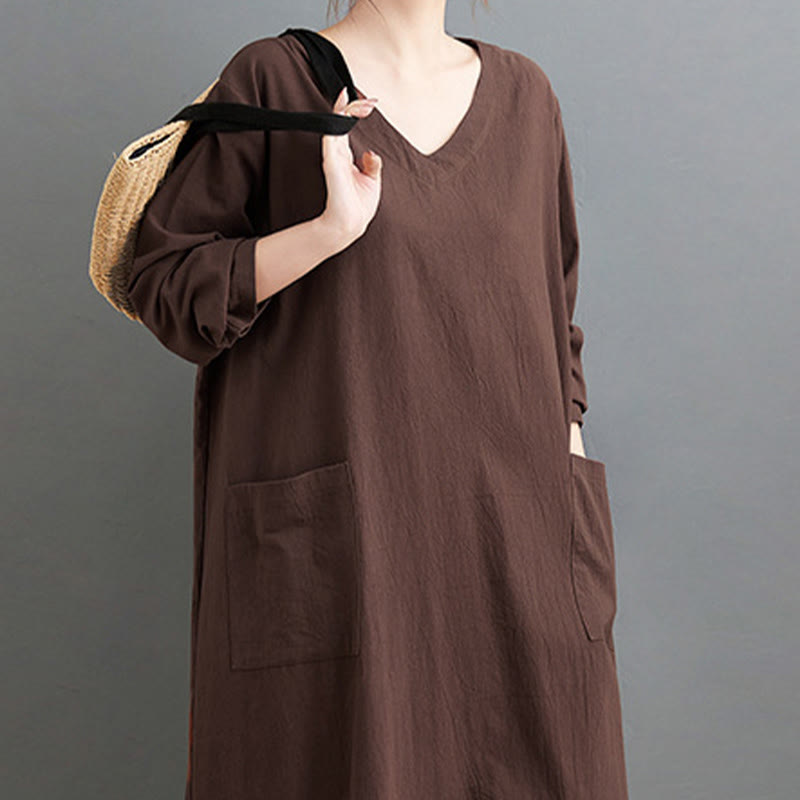 Abito lungo in cotone e lino con maniche lunghe e tasche, stile casual autunnale, stile Buddha Stones - image 5