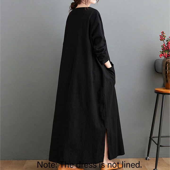 Abito lungo in cotone e lino con maniche lunghe e tasche, stile casual autunnale, stile Buddha Stones - image 6