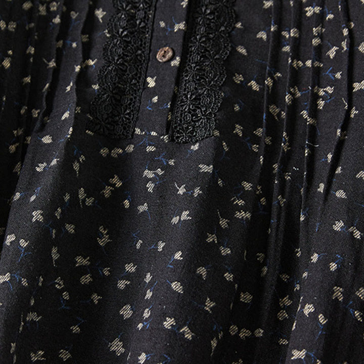 Abito midi in lino e cotone con maniche lunghe, tasche e bottoni con stampa Buddha Stones e revers in pizzo - image 9