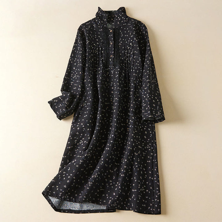 Abito midi in lino e cotone con maniche lunghe, tasche e bottoni con stampa Buddha Stones e revers in pizzo - Nero - US8-10, UK/AU12-14, EU40-42 (2XL) - image 1