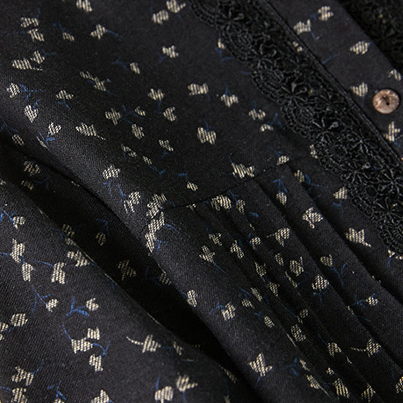 Abito midi in lino e cotone con maniche lunghe, tasche e bottoni con stampa Buddha Stones e revers in pizzo - image 4
