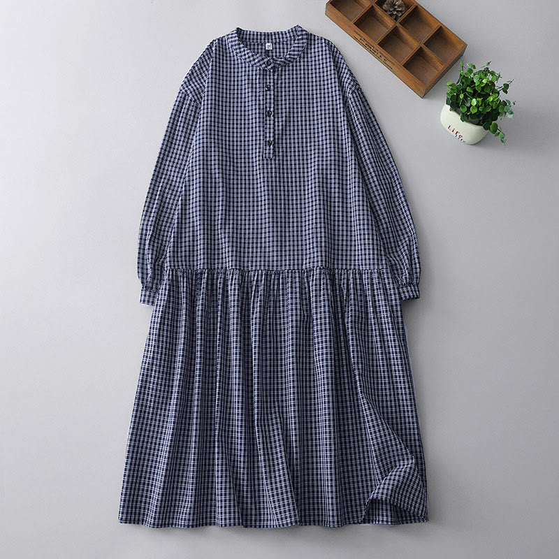Abito midi casual in cotone a maniche lunghe con bottoni a quadri Buddha Stones - Blu scuro - US14, UK/AU18, EU46 (2XL) - image 12