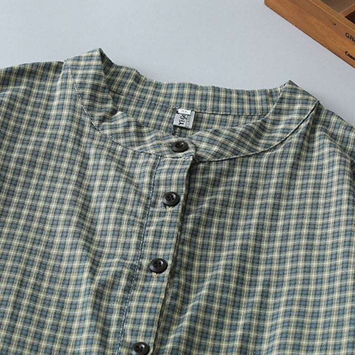 Abito midi casual in cotone a maniche lunghe con bottoni a quadri Buddha Stones - image 3